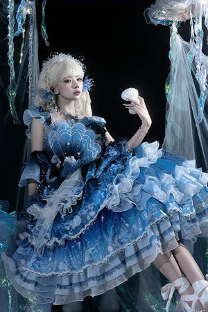 Blue Breath Jellyfish Gradient Classic Lolita JSK LE1197 - LolitaEraBlue JSK+Sleeves+NecklaceSBlue Breath Jellyfish Gradient Classic Lolita JSK LE1197