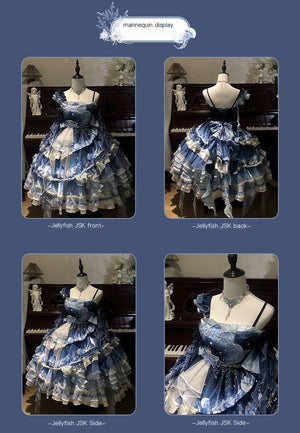 Blue Breath Jellyfish Gradient Classic Lolita JSK LE1197 - LolitaEraBlue JSK+Sleeves+NecklaceSBlue Breath Jellyfish Gradient Classic Lolita JSK LE1197