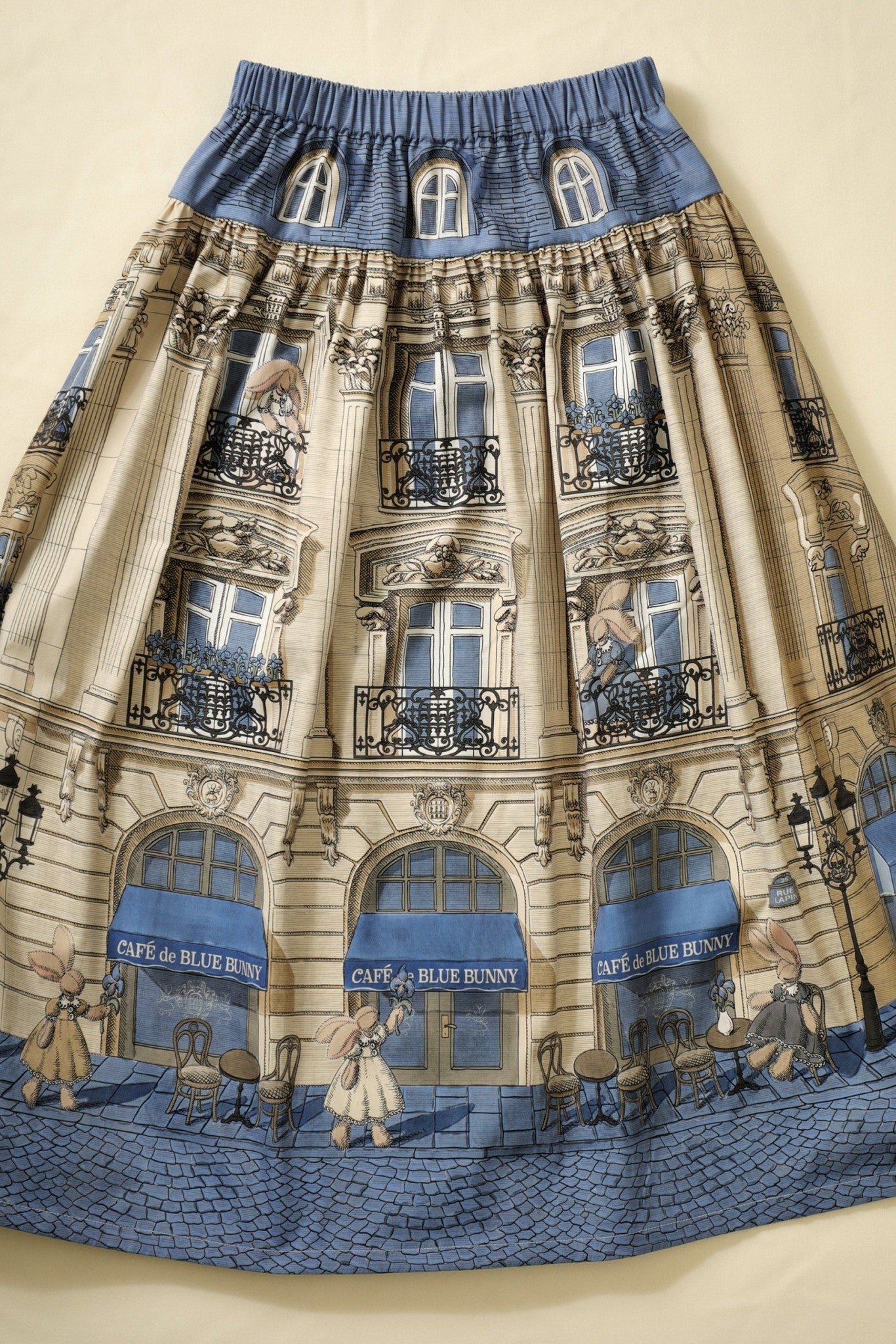 Blue Bunny Cafe Yellow Blue Vintage Architecture Print Classic Lolita Skirt - LolitaEra