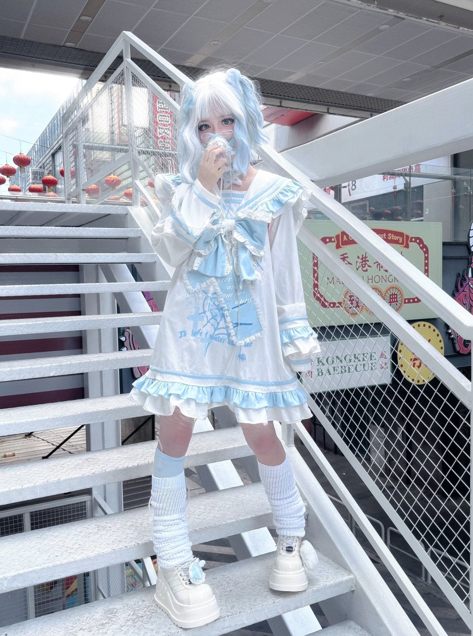 Blue & White Kawaii Japanese Sailor - collar Dress - LolitaEraWhiteOne sizeBlue & White Kawaii Japanese Sailor - collar Dress