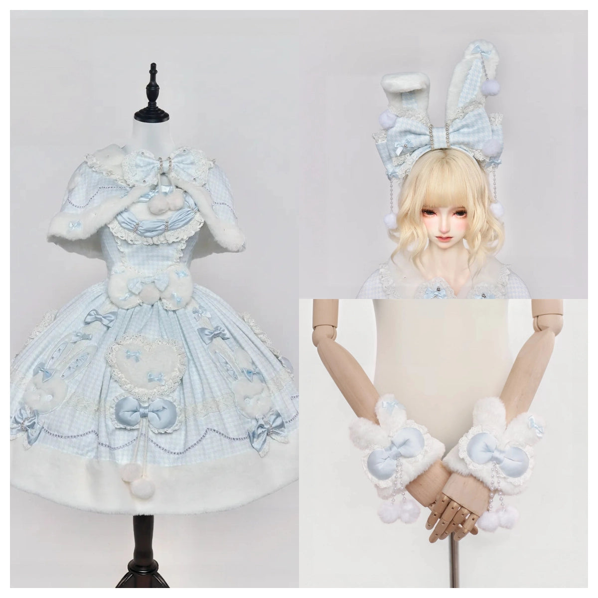 Bunny Ball 2.0 Lolita Winter Doll Style JSK Cape Set Blue Plaid Version
