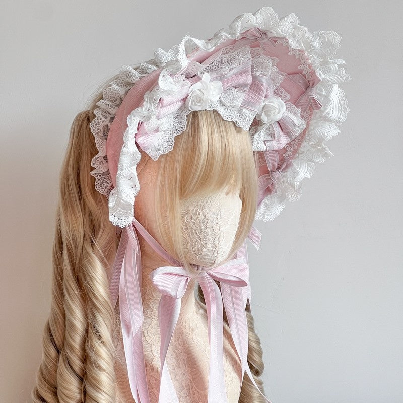 Lolita Pink Sweet Lace Bow Bonnet/KC/Sleeves LE6003