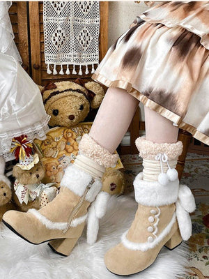 Bow Round - Toe Block - Heel Snow Boots 1304 - LolitaEraBeige34Bow Round - Toe Block - Heel Snow Boots 1304