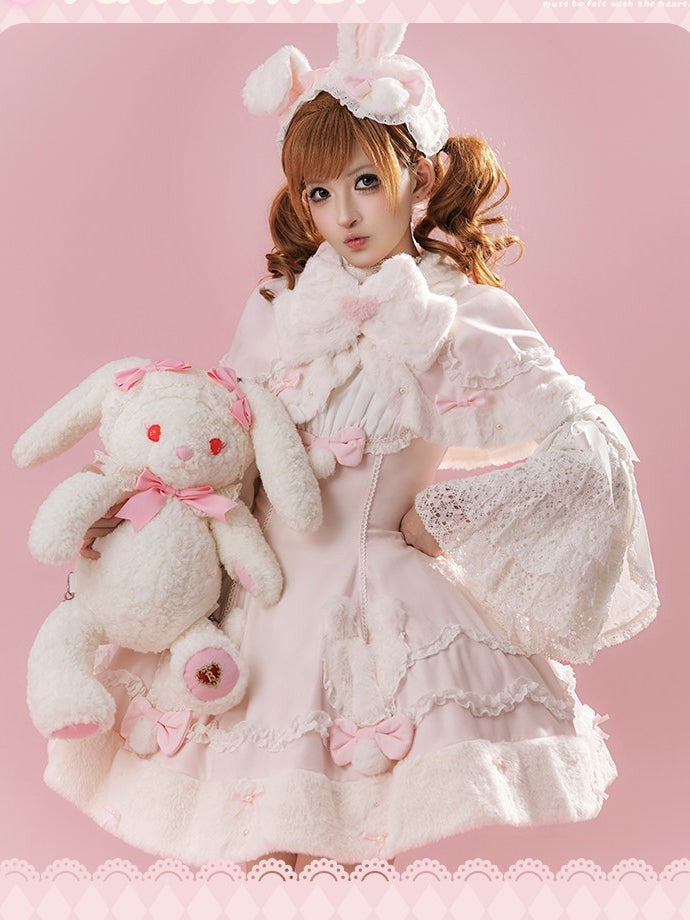 Bunny Dumpling Lolita Winter Doll Style Plush Cloak JSK Set - LolitaEra