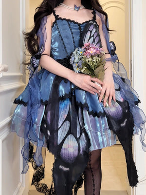 Butterfly Ballet Dark Gothic Lolita Ribbon Dress - LolitaEraBlue - Green Gradient SetSButterfly Ballet Dark Gothic Lolita Ribbon Dress