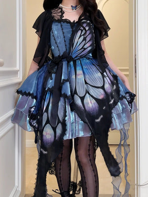 Butterfly Ballet Dark Gothic Lolita Ribbon Dress - LolitaEraBlue - Green Gradient SetSButterfly Ballet Dark Gothic Lolita Ribbon Dress