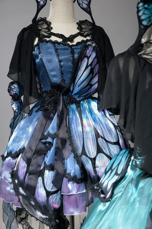 Butterfly Ballet Dark Gothic Lolita Ribbon Dress - LolitaEraBlue - Green Gradient SetSButterfly Ballet Dark Gothic Lolita Ribbon Dress