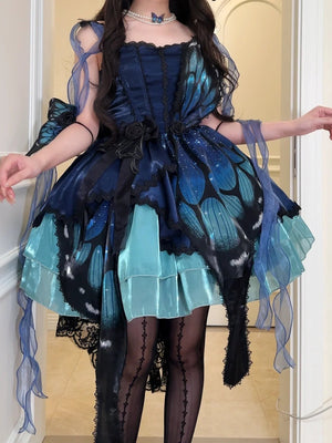 Butterfly Ballet Dark Gothic Lolita Ribbon Dress - LolitaEraBlue - Green Gradient SetSButterfly Ballet Dark Gothic Lolita Ribbon Dress