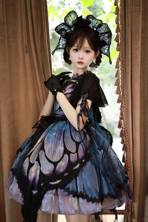 Butterfly Ballet Dark Gothic Lolita Ribbon Dress - LolitaEraBlue - Green Gradient SetSButterfly Ballet Dark Gothic Lolita Ribbon Dress