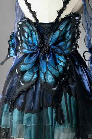 Butterfly Ballet Dark Gothic Lolita Ribbon Dress - LolitaEraBlue - Green Gradient SetSButterfly Ballet Dark Gothic Lolita Ribbon Dress