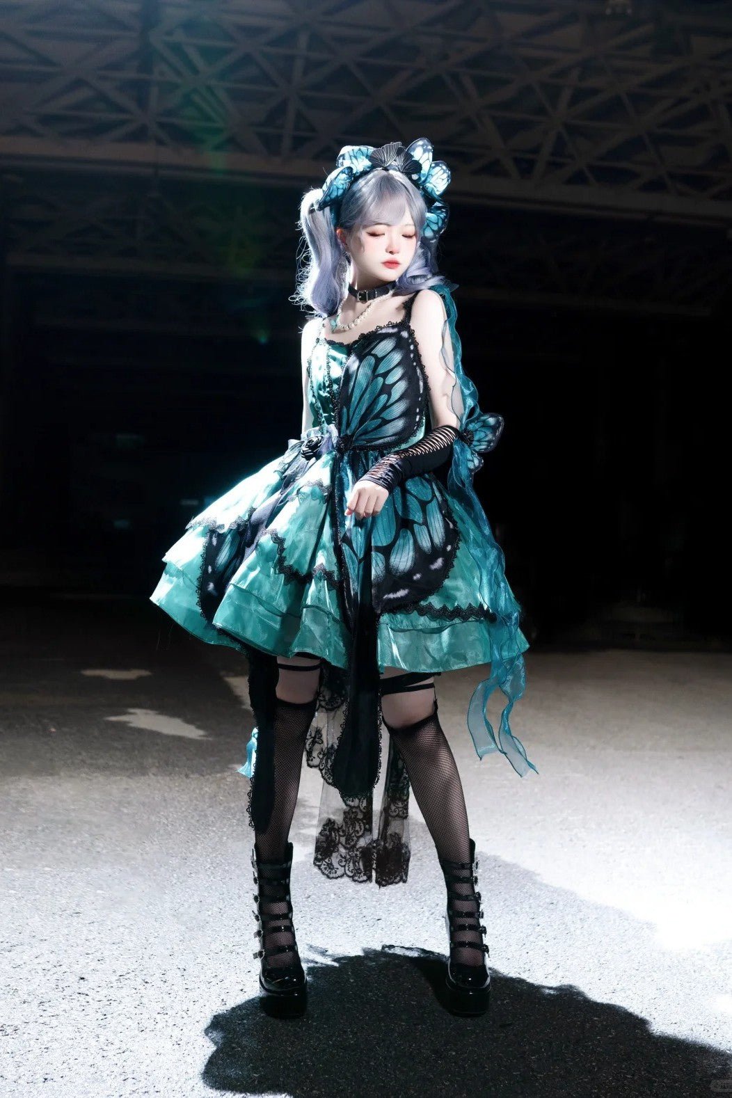 Butterfly Ballet Dark Gothic Lolita Ribbon Dress - LolitaEraBlue - Green Gradient SetSButterfly Ballet Dark Gothic Lolita Ribbon Dress