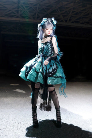 Butterfly Ballet Dark Gothic Lolita Ribbon Dress - LolitaEraBlue - Green Gradient SetSButterfly Ballet Dark Gothic Lolita Ribbon Dress