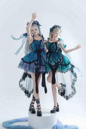Butterfly Ballet Dark Gothic Lolita Ribbon Dress - LolitaEraBlue - Green Gradient SetSButterfly Ballet Dark Gothic Lolita Ribbon Dress
