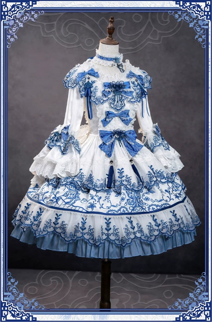 Butterfly Blue and White Porcelain Floral Embroidery Classic Lolita OP Dress - LolitaEra