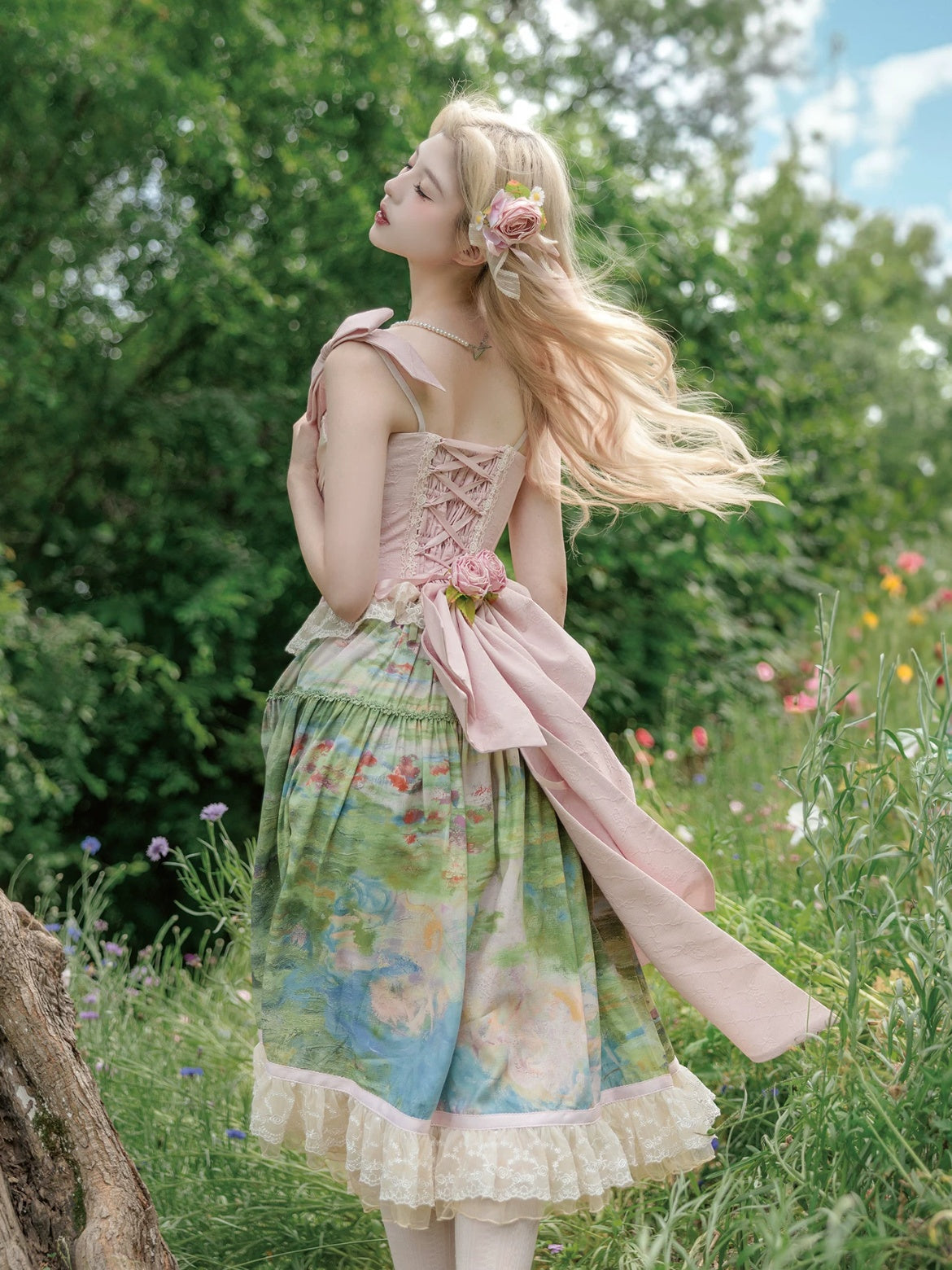 Ensemble Robe et Corset Lolita Classique "Le Jardin de Monet" (Peinture à l'Huile)