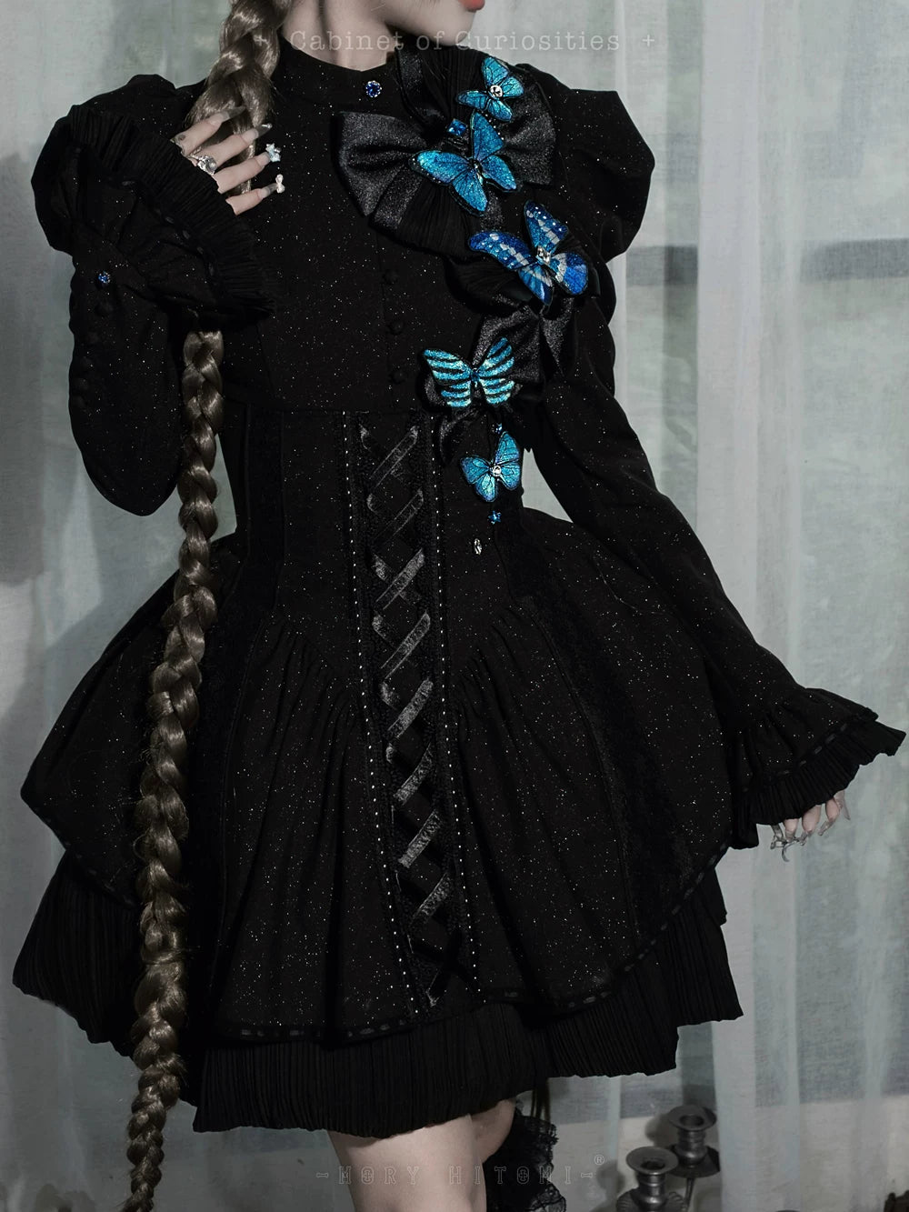 Cabinet Of Curiosities II Dark Gothic Butterfly Stand Collar Short OP Dress - LolitaEra