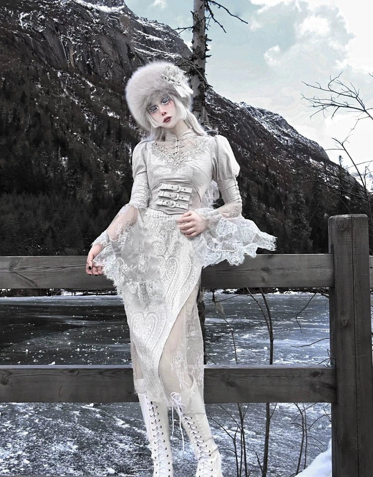 Call of Snowland White Gothic Velvet Lace Mermaid Long Dress - LolitaEra