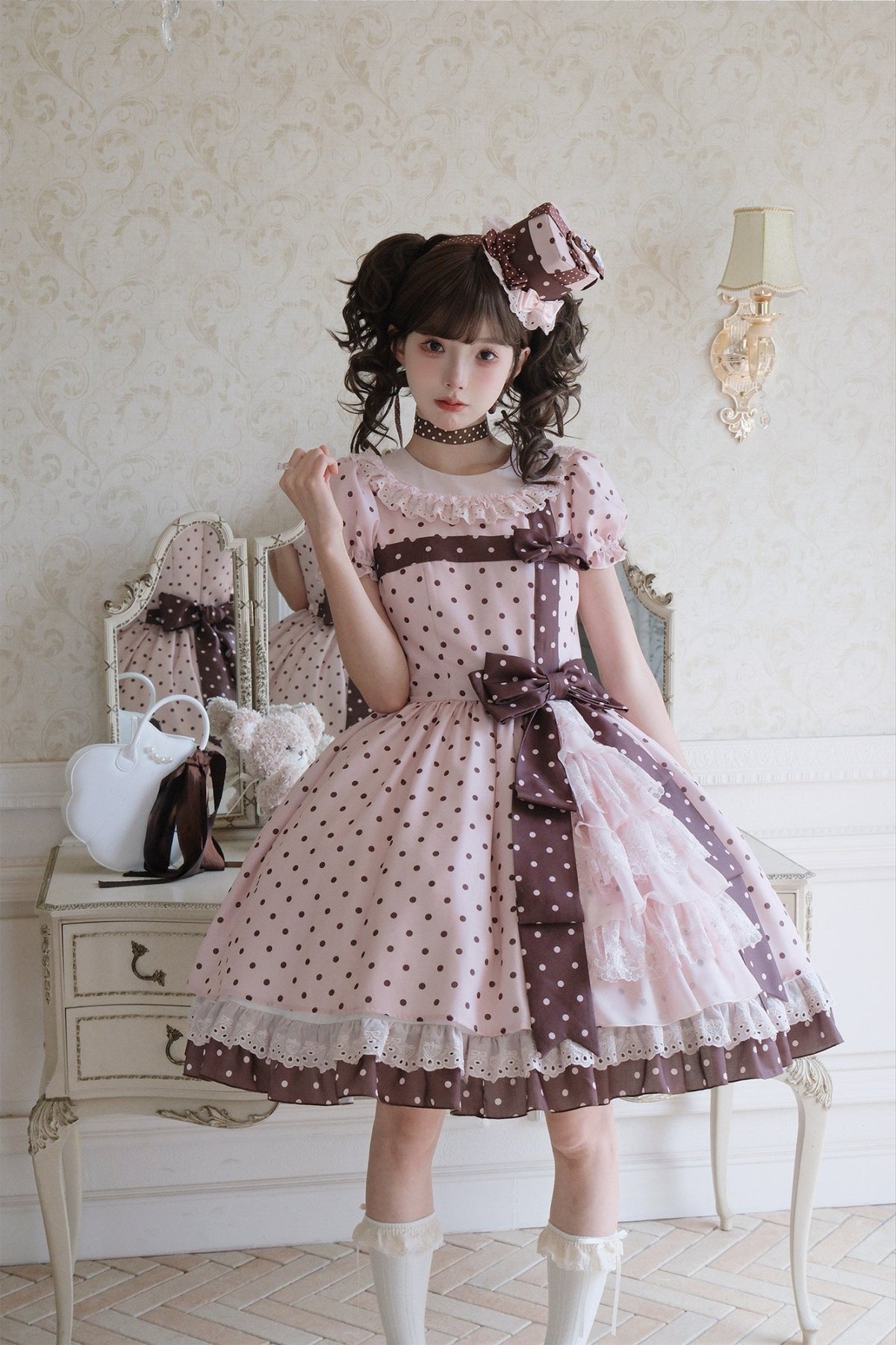 Canele Gift Box Pink Polka Dot Bow Sweet Lolita OP Dress - LolitaEra