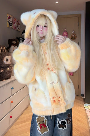 Cat Embroidery Hooded Fuzzy Gradient Loose Coat 1249 - LolitaEraYellowSCat Embroidery Hooded Fuzzy Gradient Loose Coat 1249