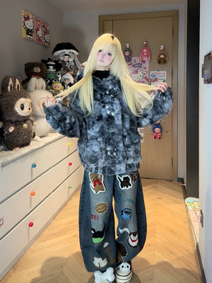 Cat Embroidery Hooded Fuzzy Gradient Loose Coat 1249 - LolitaEraYellowSCat Embroidery Hooded Fuzzy Gradient Loose Coat 1249