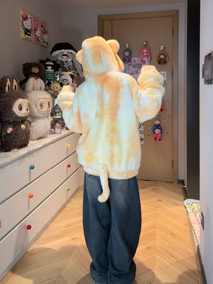 Cat Embroidery Hooded Fuzzy Gradient Loose Coat 1249 - LolitaEraYellowSCat Embroidery Hooded Fuzzy Gradient Loose Coat 1249