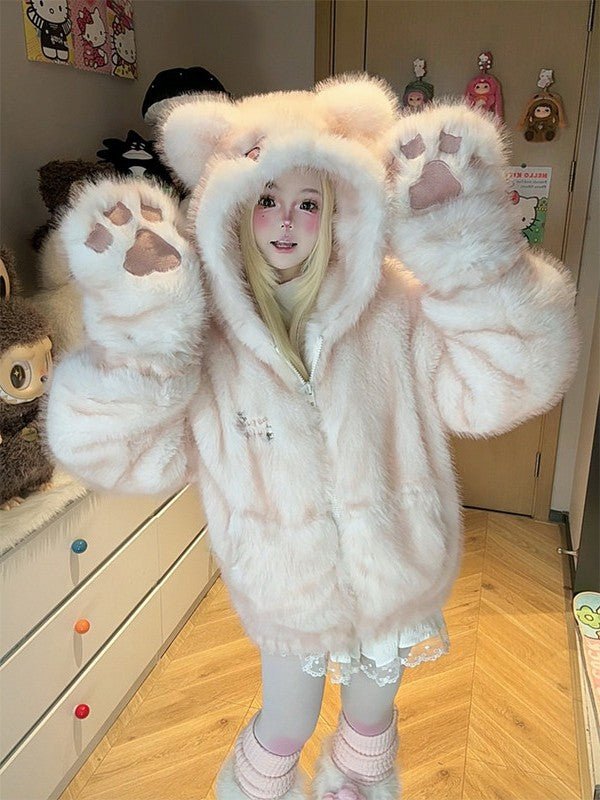 Cat Embroidery Paw Print Gloves Warm Coat - LolitaEraPink - Detachable GlovesSCat Embroidery Paw Print Gloves Warm Coat
