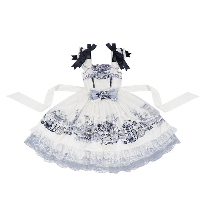 Celadon Jade Cup Blue White Porcelain Floral Basket Wa Lolita JSK Dress - LolitaEra