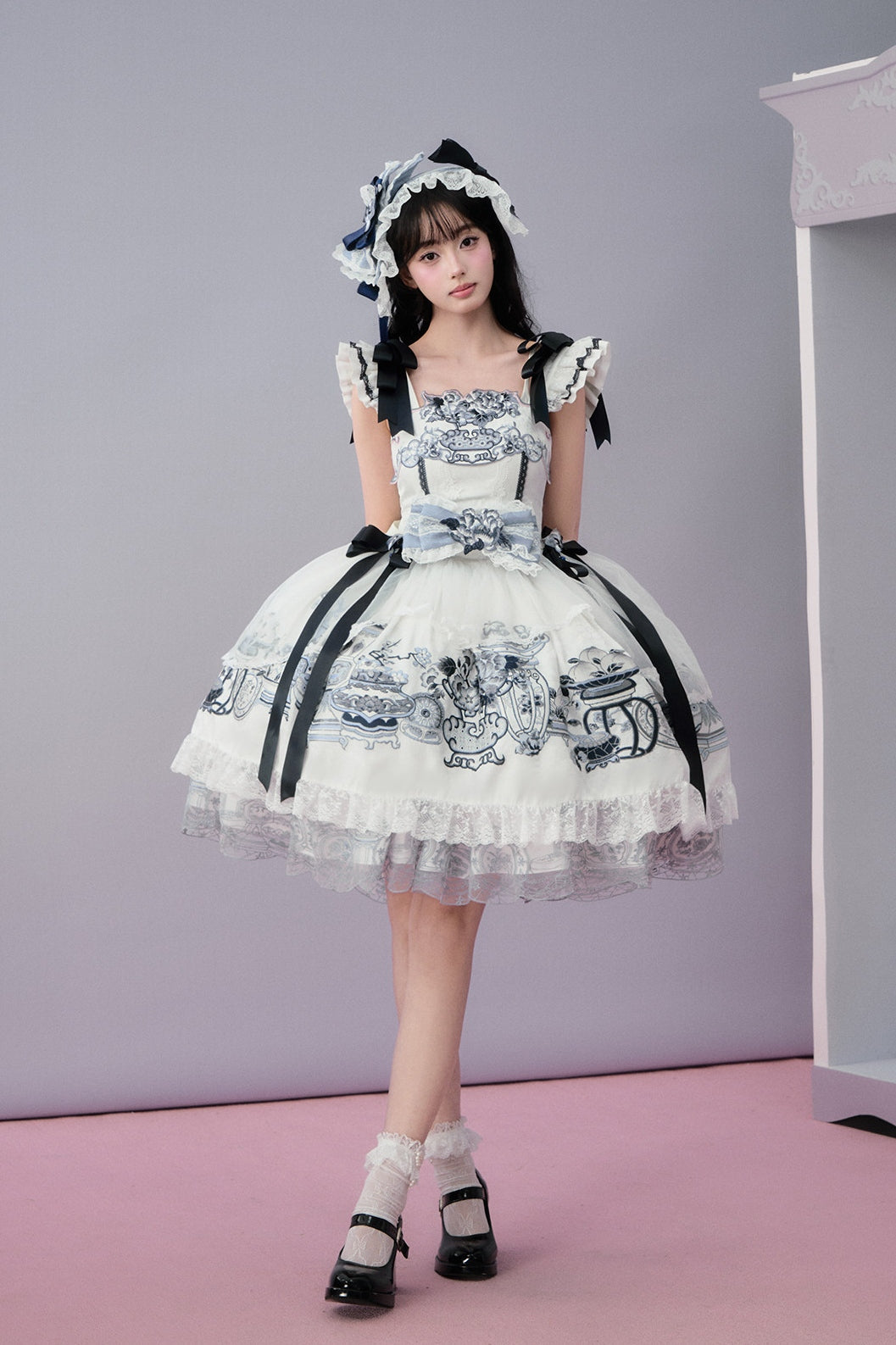 Celadon Jade Cup Blue White Porcelain Floral Basket Wa Lolita JSK Dress - LolitaEra