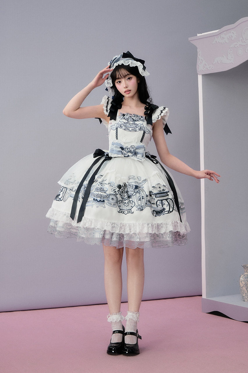 Celadon Jade Cup Blue White Porcelain Floral Basket Wa Lolita JSK Dress - LolitaEra