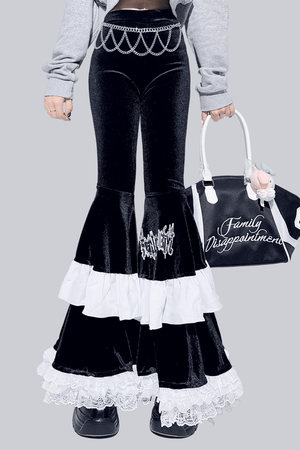 Century Girl Dark Cake Ruffle High Waist Flare Pants - LolitaEraBlack PantsSCentury Girl Dark Cake Ruffle High Waist Flare Pants