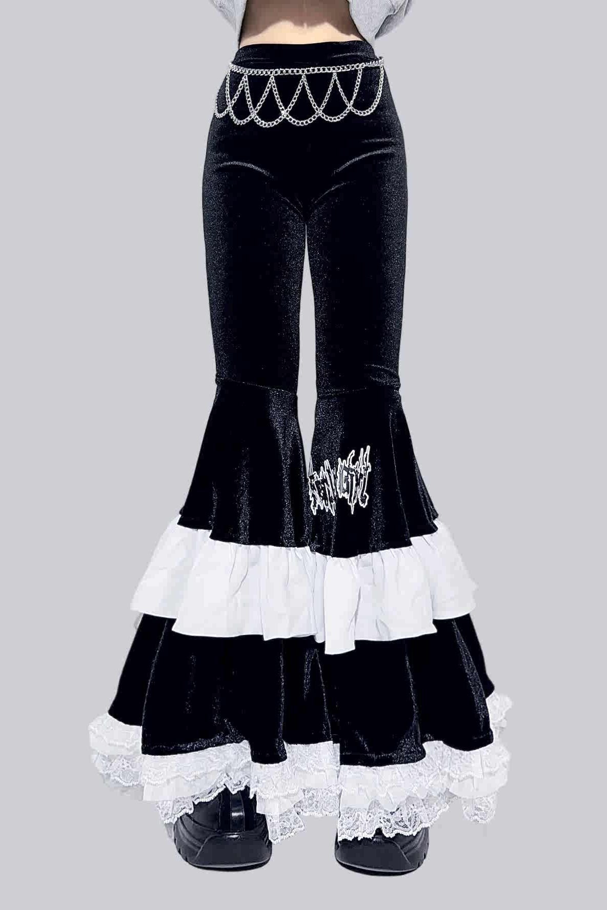 Century Girl Dark Cake Ruffle High Waist Flare Pants - LolitaEraBlack PantsSCentury Girl Dark Cake Ruffle High Waist Flare Pants