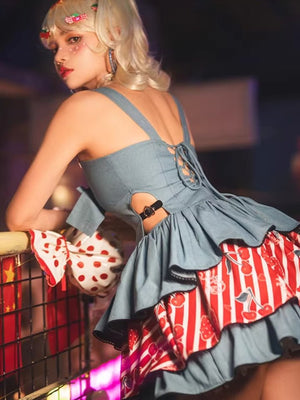 Cherry Denim Lolita Blue JSK Short Dress 1318 - LolitaEraBlueSCherry Denim Lolita Blue JSK Short Dress 1318