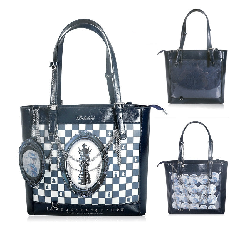 Chessboard Lolita Argyle Illustrated Tote Ita Bag - LolitaEra