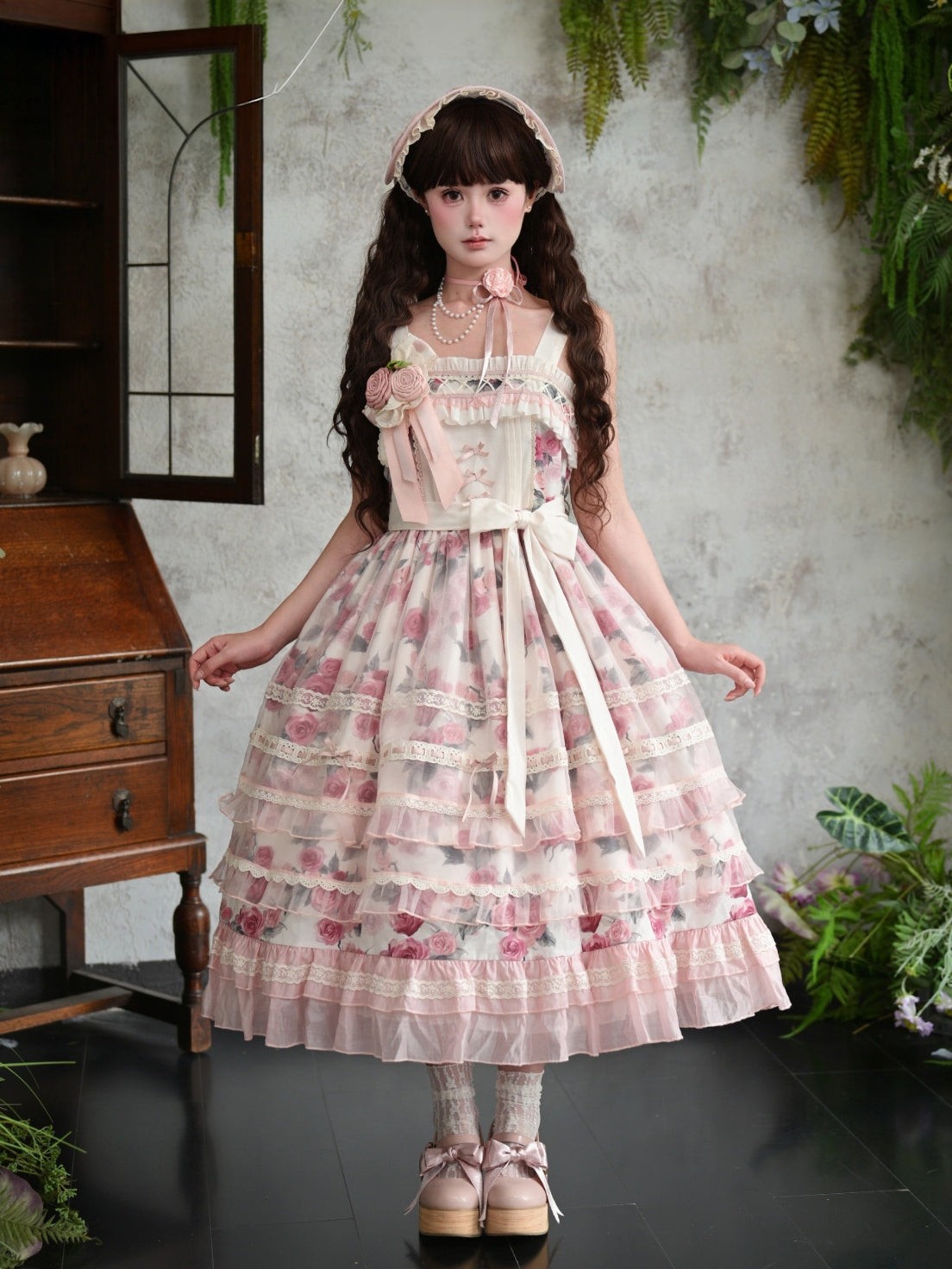 Chloris Rose Garden Classic Sweet Lolita OP JSK & Accessories Set - LolitaEra