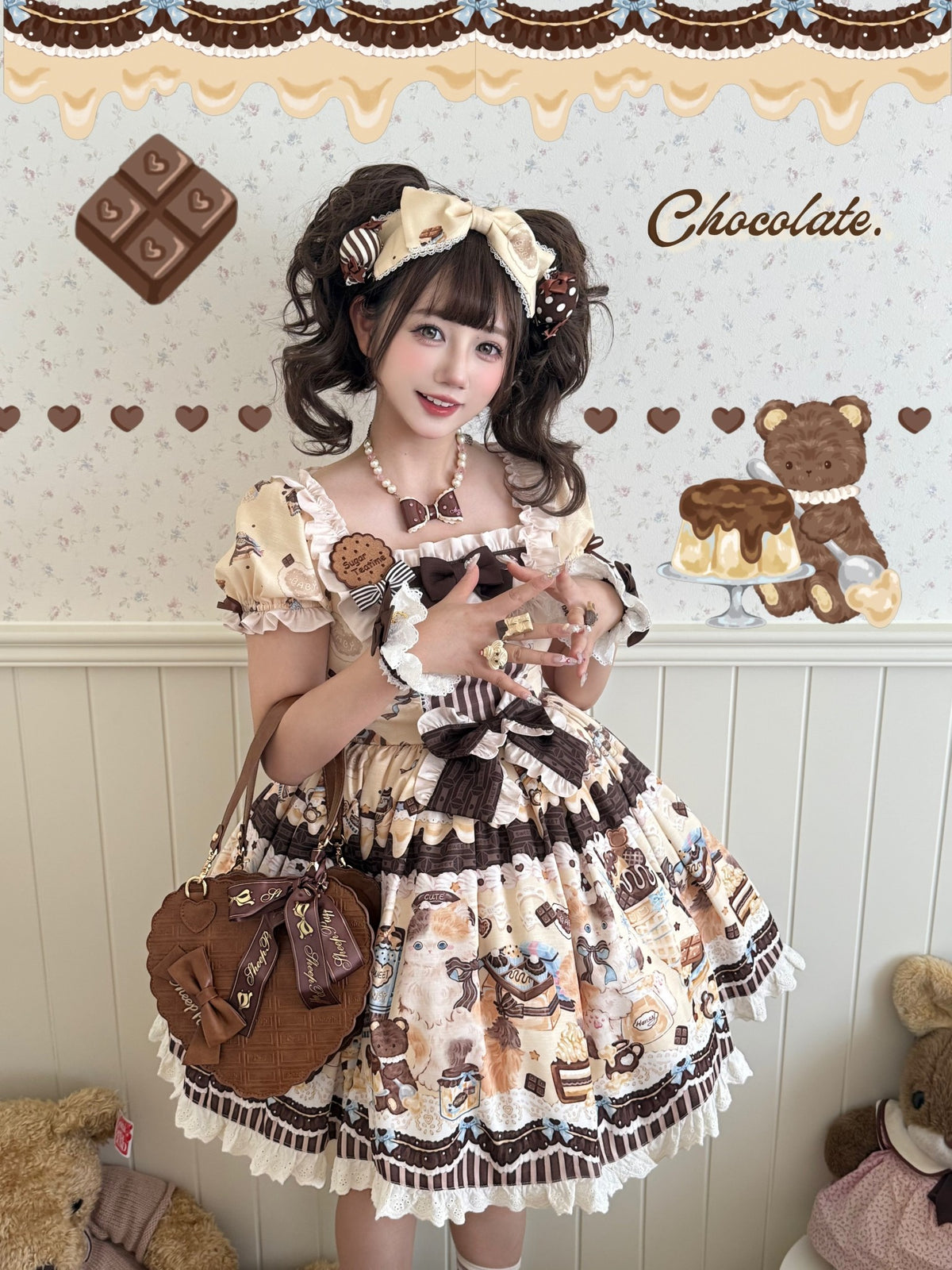 Chocolate Cake Party Mint Green Beige Honey Cat Print Sweet Lolita JSK Dress - LolitaEra