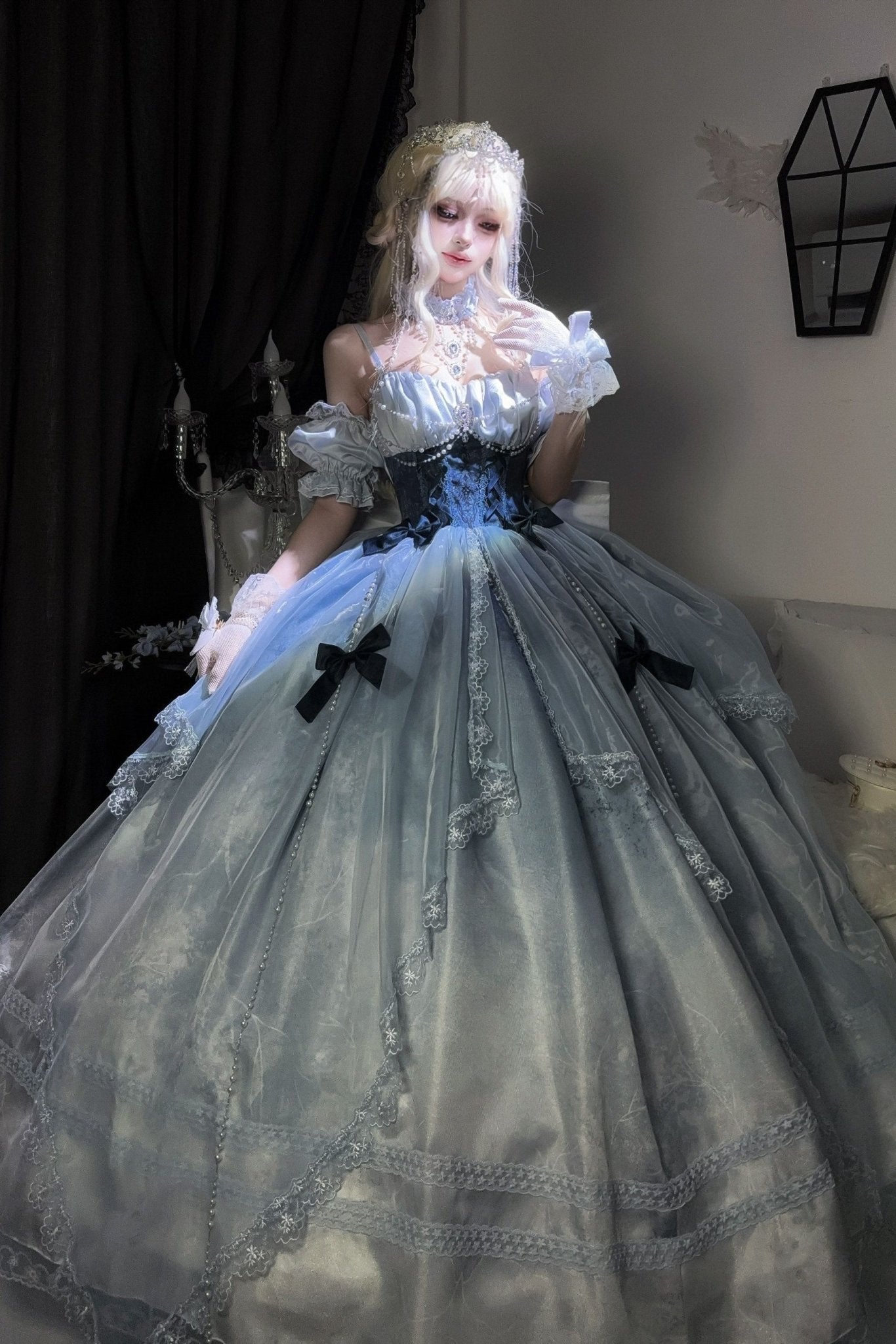 Cinderella's Escape at Dusk Elegant Lolita OP Dress LE1198 - LolitaEraBlue setSCinderella's Escape at Dusk Elegant Lolita OP Dress LE1198