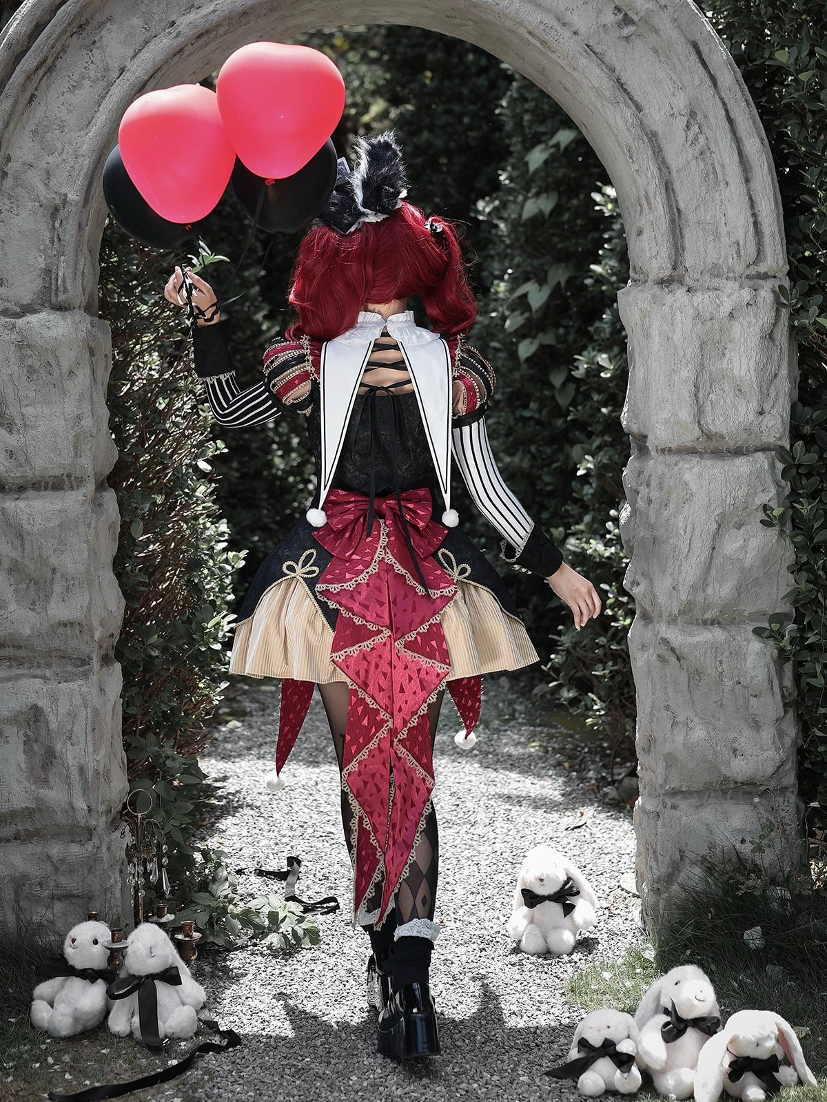 Circus Night Wine Red Black Playing Card Jester Lolita Dress - LolitaEra