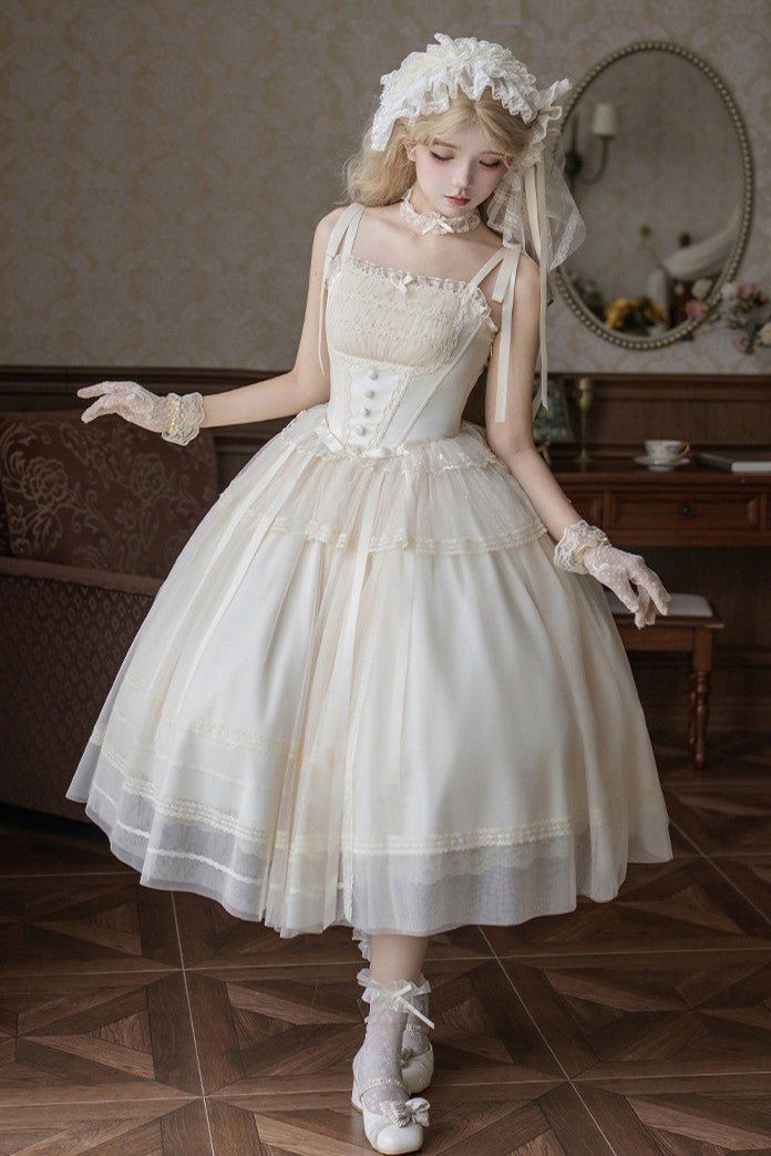 Confession Poem Boned JSK Summer Lolita Dress - LolitaEraLong JSK 4 - Piece Set (Long JSK + Headband + Flower Veil + Inner Top)SConfession Poem Boned JSK Summer Lolita Dress