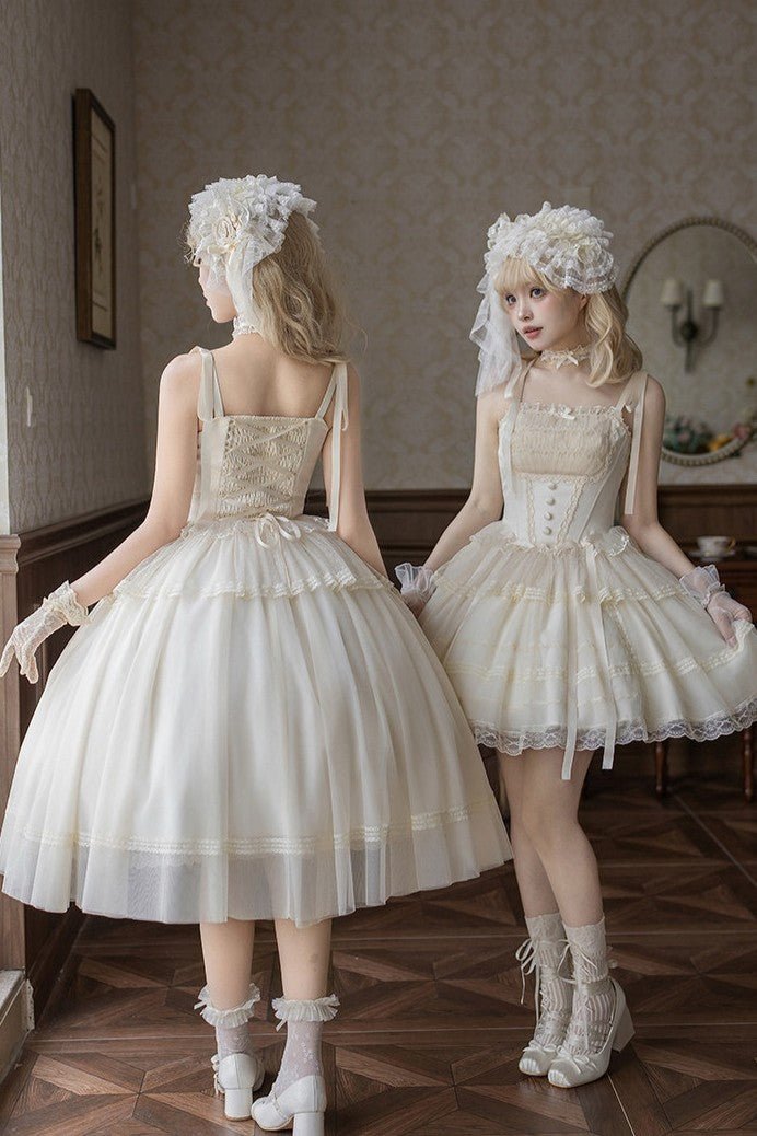 Confession Poem Boned JSK Summer Lolita Dress - LolitaEraLong JSK 4 - Piece Set (Long JSK + Headband + Flower Veil + Inner Top)SConfession Poem Boned JSK Summer Lolita Dress
