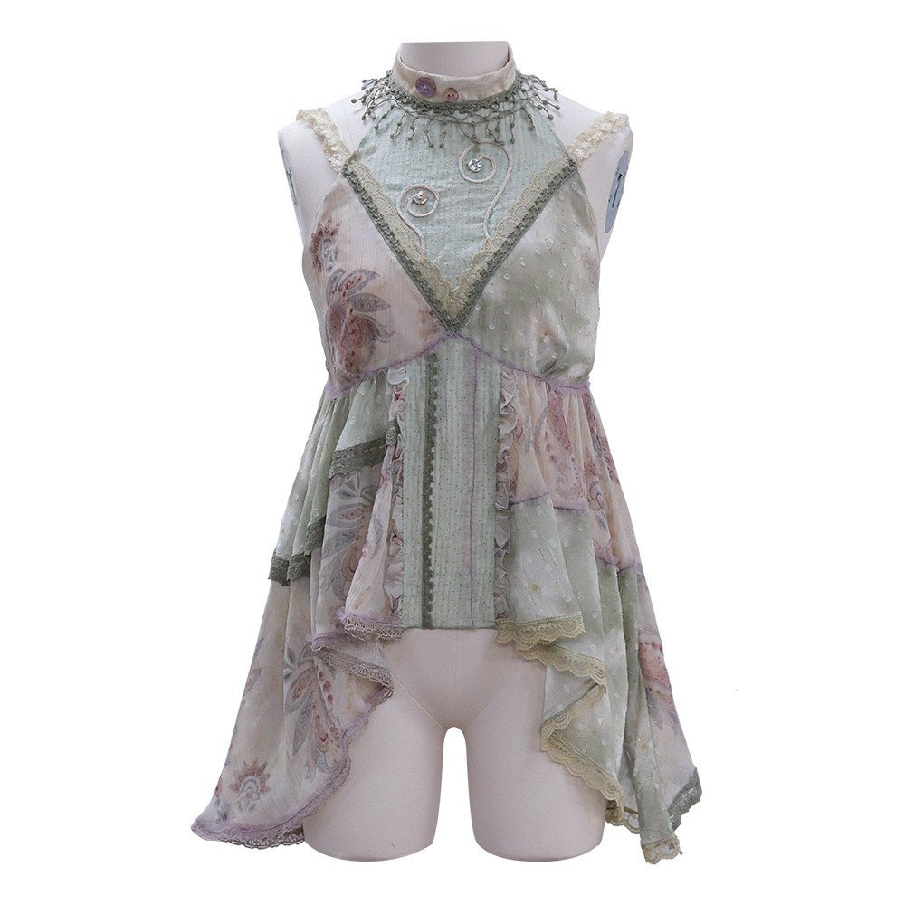 Creeping Vines Sage Green Floral Gold Thread Halter Top Skirt Mori Set - LolitaEra