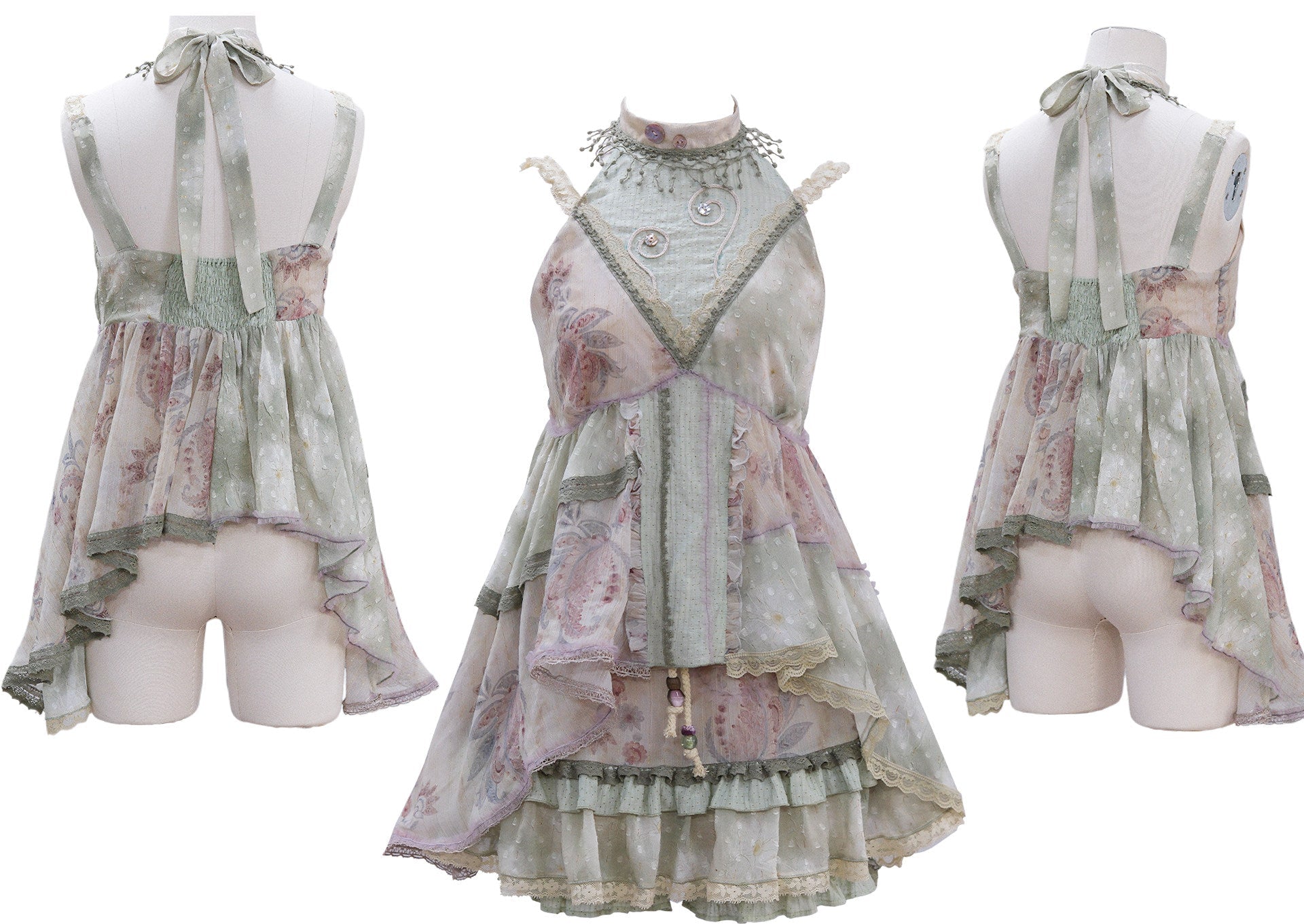 Creeping Vines Sage Green Floral Gold Thread Halter Top Skirt Mori Set - LolitaEra