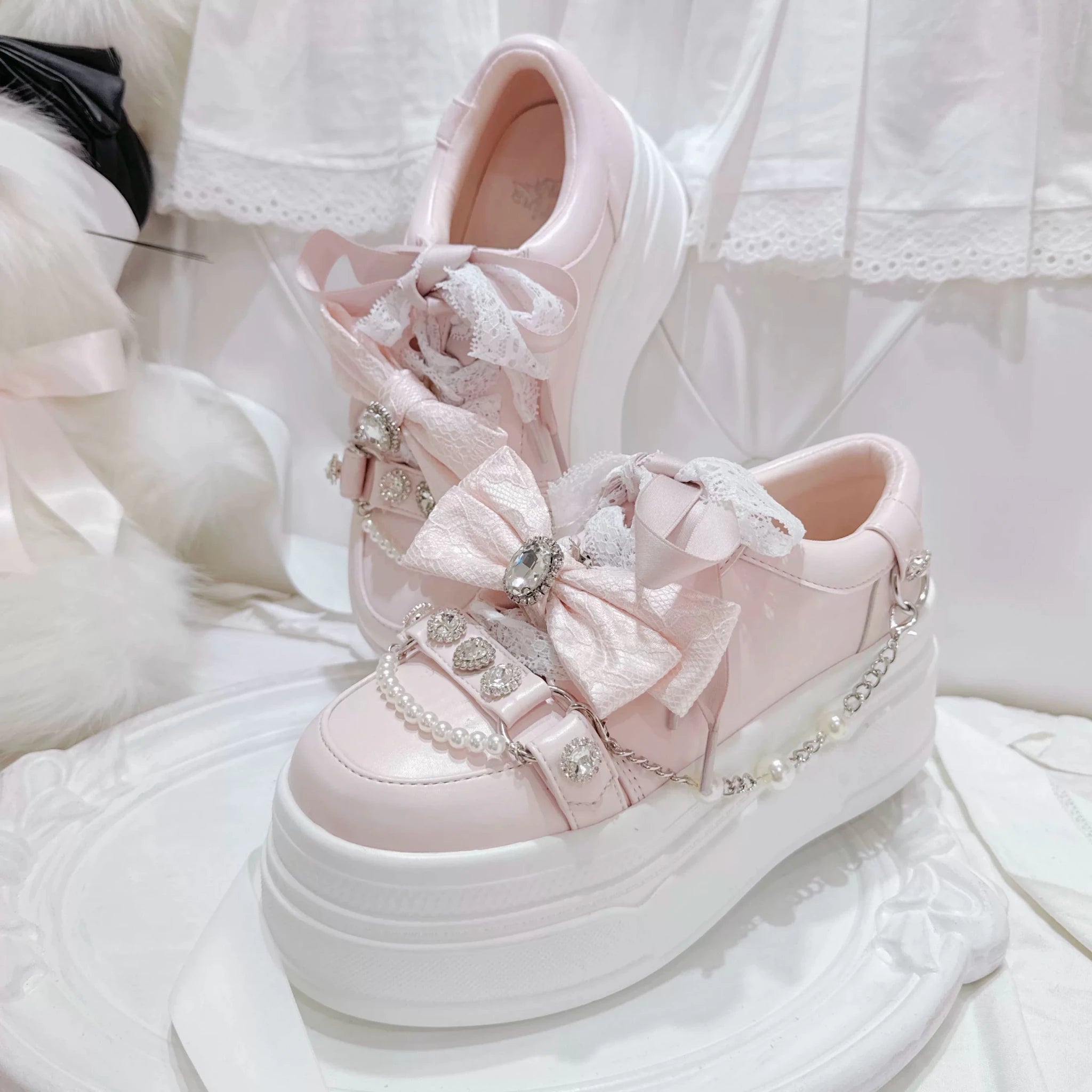 Crystal Bow Pearl Chain Lolita Platform Sneakers - LolitaEra