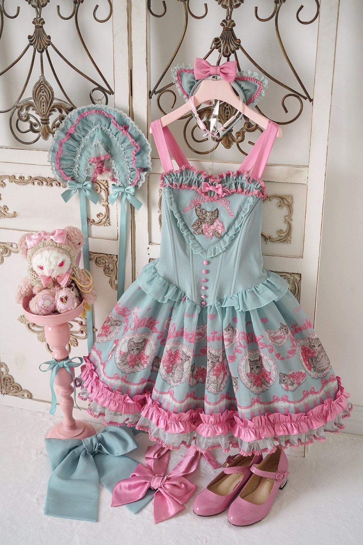 Cupid Kitten Lolita Regular Waist JSK Dress & OP - LolitaEraBlue JSKSCupid Kitten Lolita Regular Waist JSK Dress & OP