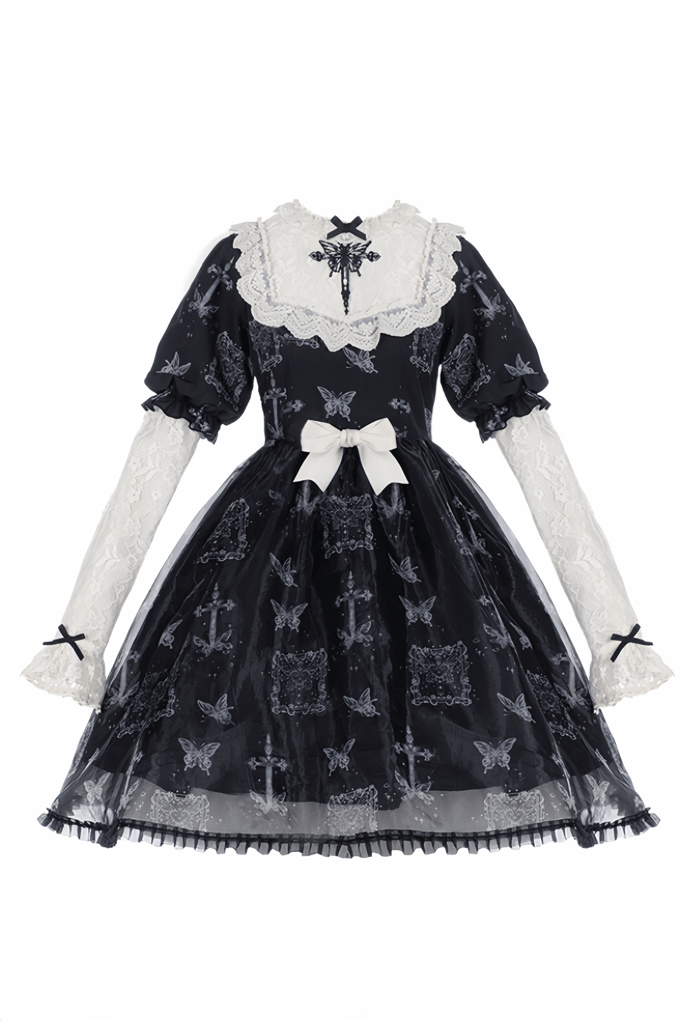 Curtain Butterfly Embroidered Print Lolita OP - LolitaEraEmbroidered Dress + Puff Sleeves & BowSCurtain Butterfly Embroidered Print Lolita OP