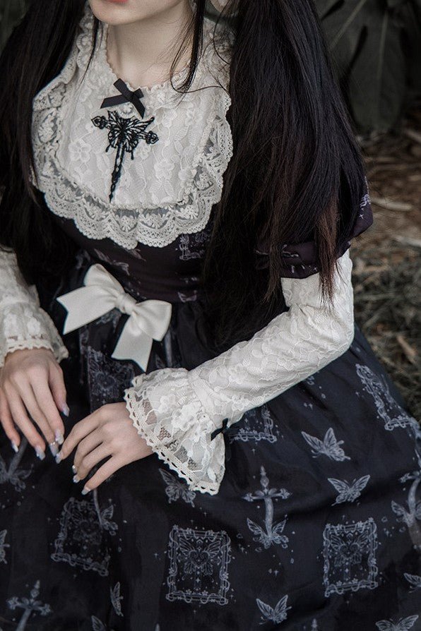 Curtain Butterfly Embroidered Print Lolita OP - LolitaEraEmbroidered Dress + Puff Sleeves & BowSCurtain Butterfly Embroidered Print Lolita OP