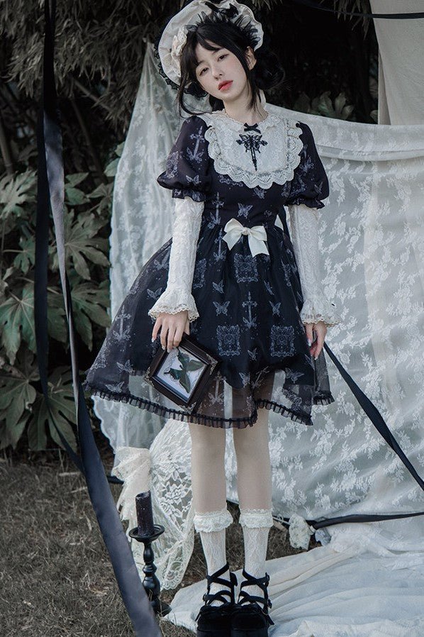 Curtain Butterfly Embroidered Print Lolita OP - LolitaEraEmbroidered Dress + Puff Sleeves & BowSCurtain Butterfly Embroidered Print Lolita OP