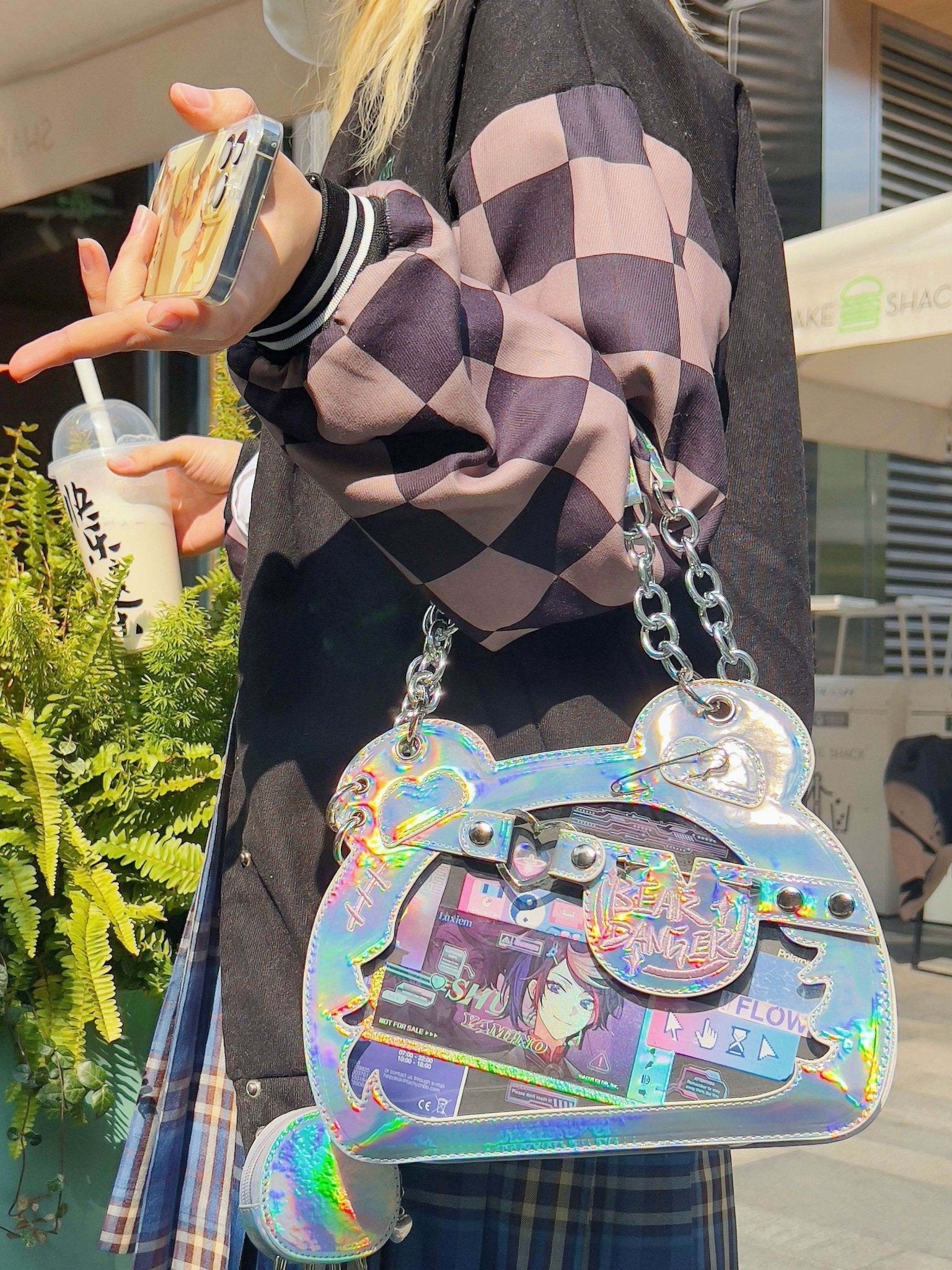 Cute Bear God Claw Patent Leather Ita Bag 1289 - LolitaEraSilverCute Bear God Claw Patent Leather Ita Bag 1289