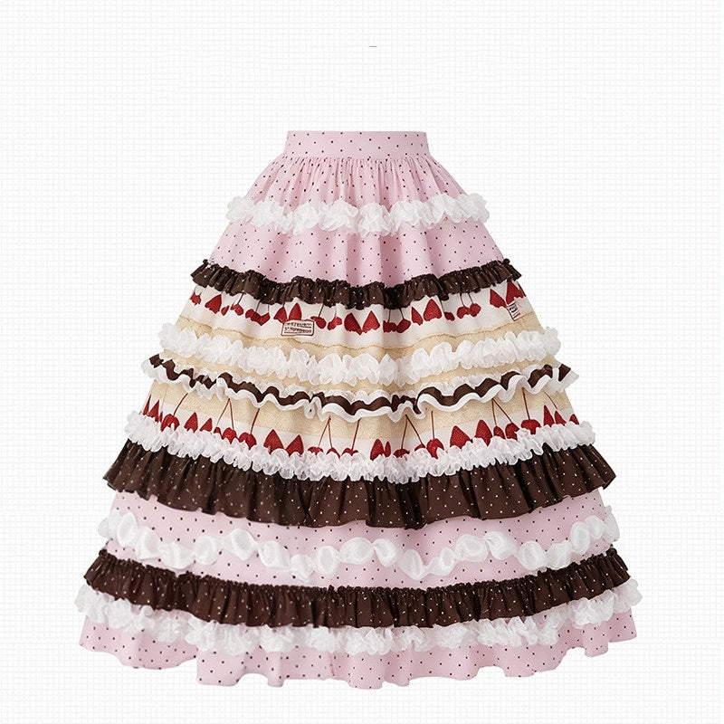 Chocolate Strawberry Polka Dot Puffy Long Cake Skirt
