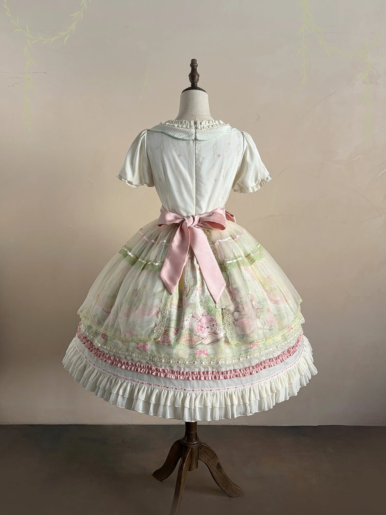 Bamboo Rabbit Pink Green Bunny Floral Print Bow Classic Lolita OP Dress