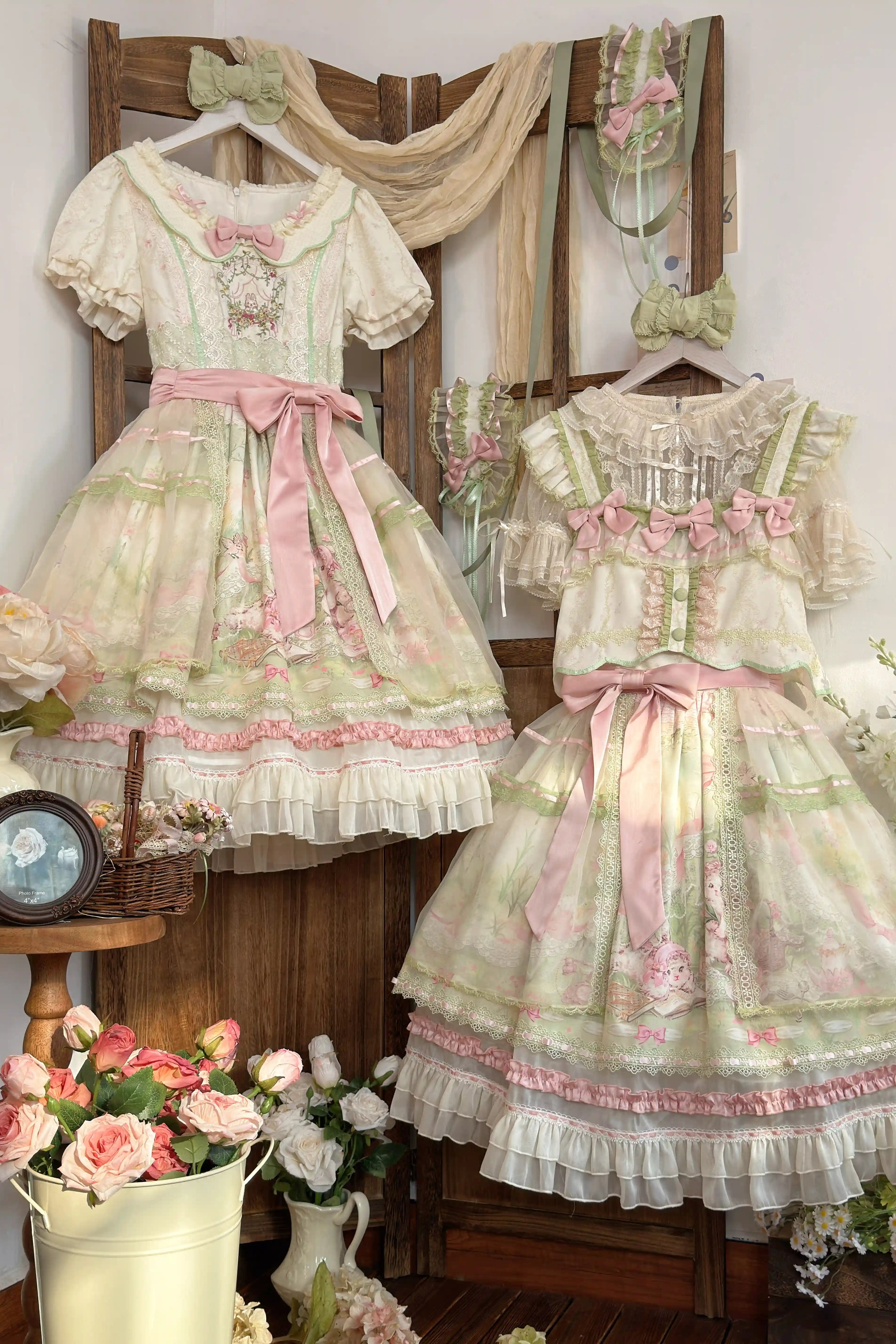 Bamboo Rabbit Pink Green Bunny Floral Print Bow Classic Lolita OP Dress